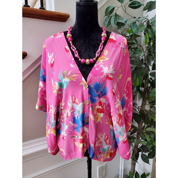 Vici Women Pink 100% Rayon V-Neck 3/4 Sleeve Buttons Front Casual Shirt Size L - Picture 11 of 11